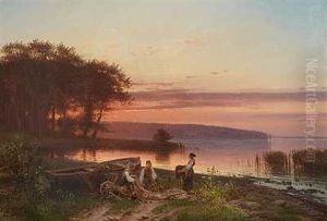 En Fisker Og To Piger Ved En So Efter Solnedgang by Frederik Rohde