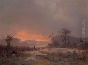 Spatherbstabend Uber Moorlandschaft Mit Entenjager by Frederik Rohde