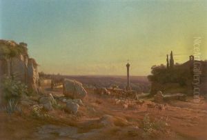 Italiensk Landskab Med Figurer Og Geder Naer Well Tivoli, Rom by Frederik Rohde