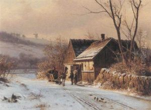 Vinterdag Ved Et Strataekt Hus, En Kane Har Hentet Braende I Skoven by Frederik Rohde