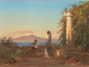 Italiensk Pergola Med Siddende Herre Og Hund, I Baggrunden Vesuv by Frederik Rohde