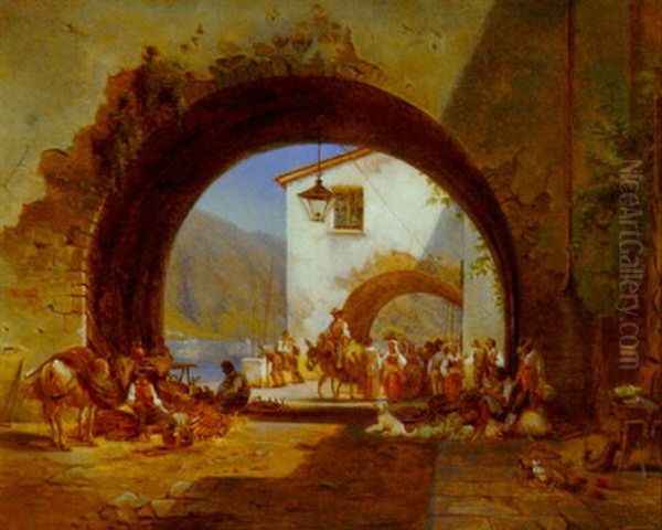 Byparti Fra Italien, Med Handesliv Ved Byport, I Bagrunden Flod - view 1