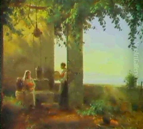 To Kvinder Ved En Brond Under Pergola, Italien - view 1