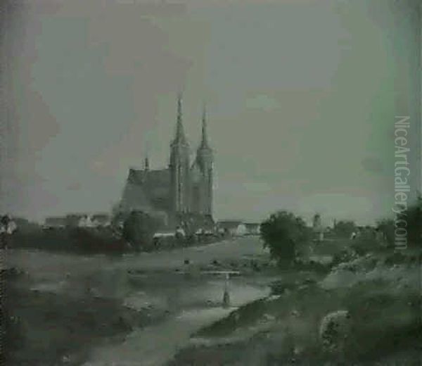 Parti Fra Roskilde Med Udsigt Mod Domkirken, I Forgrunden Pige Med Sin Malkespand - view 1