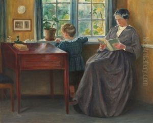 Interior With A Reading Woman And A Boy Playing By A Window by Johan Rohde