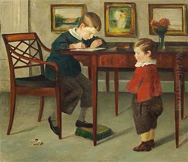 Dobbeltportraet Af Henning Og H. P. Rohde. Kunstnerens Sonner. Den Aeldste Henning Laeser Lektier - view 1