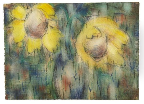 Zwei Sonnenblumen In Blauer Vase - view 1