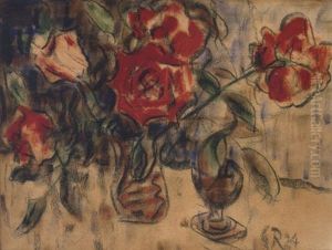 Rosenstraus In Vase Und Kleiner Pokal by Christian Rohlfs