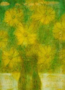 Vase Mit Gelben Blumen Vor Blaugrunem Hintergrund