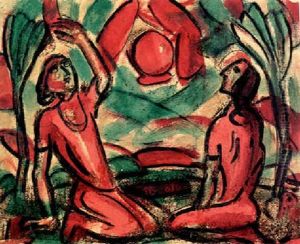 Zwei Frauen In Landschaft Mit Roter Sonne Zwei Frauen In Landschaft Mit Roter Sonne