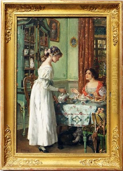 Elegantes Interieur Mit Zwei Madchen Beim Kaffee (verso Damenportrait) - view 1