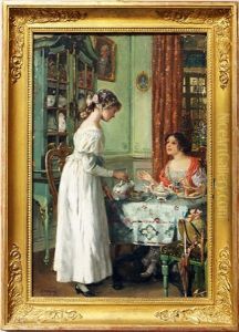 Elegantes Interieur Mit Zwei Madchen Beim Kaffee (verso Damenportrait)