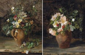 Stiefmutterchen Und Margeriten In Einer Vase (+ Wildrosen Und Erdbeeren In Einer Vase; 2 Works) by Lina Roehrer
