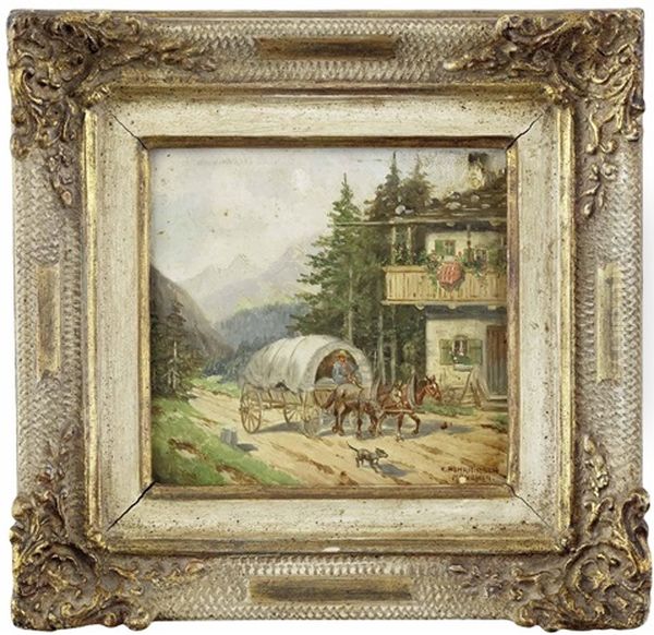Planwagen Vor Bauernhaus In Alpenlandschaft (+ Heuernte; 2 Works) - view 1