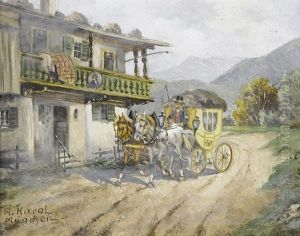 Postkutsche In Alpenlandschaft Vor Gehoft
