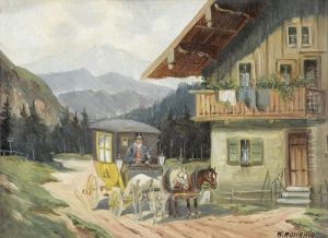 Eine Postkutsche Macht Halt Bei Einem Alpenhof