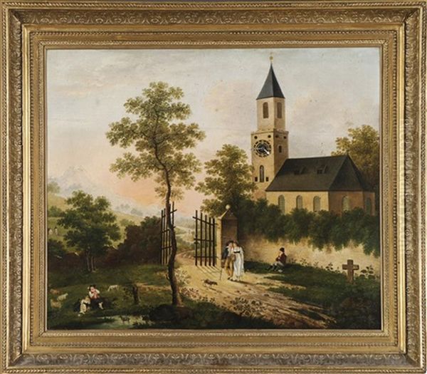 Bilderuhr - Auf Einer Anhohe In Weiter, Bergiger Flusslandschaft Eine Kirche, Im Vordergrund Rastende Hirten Mit Ihren Tieren U. Weitere Personen - view 1