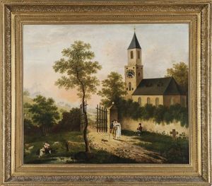 Bilderuhr - Auf Einer Anhohe In Weiter, Bergiger Flusslandschaft Eine Kirche, Im Vordergrund Rastende Hirten Mit Ihren Tieren U. Weitere Personen