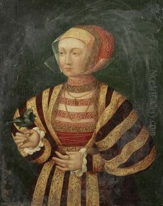 Portrait Of A Lady, Three-quarter-length, In A Gold And Burgundy Dress, Holding A Bird by Franz Wolfgang Rohrich