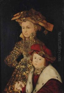Portrait Of A Lady And Her Son, Three-quarter-length, In A Gold Embroidered Dress And A Red Velvet Fur Lined Coat... by Franz Wolfgang Rohrich