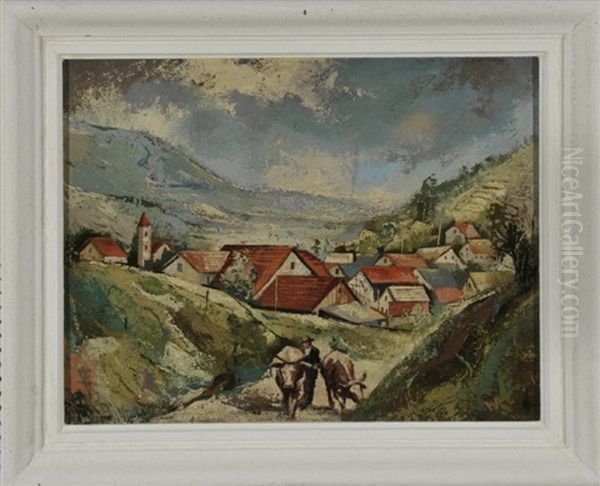 Bauer Treibt Zwei Rinder Auf Die Weide, Hinter Ihm Ein Kleines Dorf Im Tal - view 1
