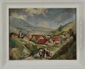 Bauer Treibt Zwei Rinder Auf Die Weide, Hinter Ihm Ein Kleines Dorf Im Tal Bauer Treibt Zwei Rinder Auf Die Weide, Hinter Ihm Ein Kleines Dorf Im Tal