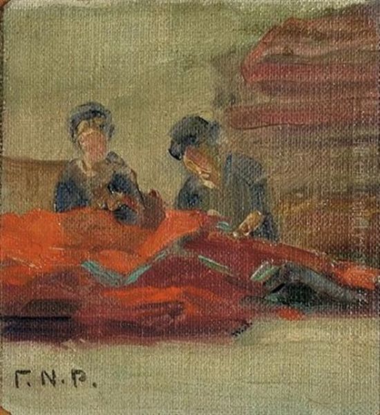 Village Scene (+ Girls Sewing, Oil On Canvas Laid On Cardboard, Smaller; 2 Works) - view 1