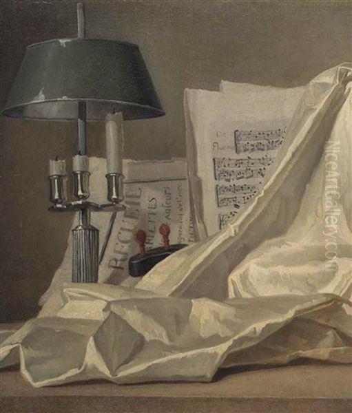 A Bouillette Lamp, A Sheet Of Music, A Violin And White Satin Cloth On A Stone Ledge - view 1
