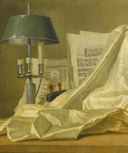 A Still Life With A Bouillette Lamp, A Sheet Of Music, A Violin And A White Satin Cloth On A Stone Ledge by Henri Horace Roland de la Porte