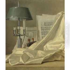 A Bouillette Lamp, A Sheet Of Music, A Violin And A White Satin Cloth On A Stone Ledge by Henri Horace Roland de la Porte