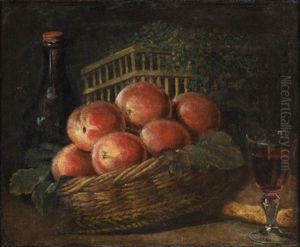 Nature Morte Aux Peches Dans Une Corbeille Avec Une Bouteille Et Un Verre De Vin by Henri Horace Roland de la Porte