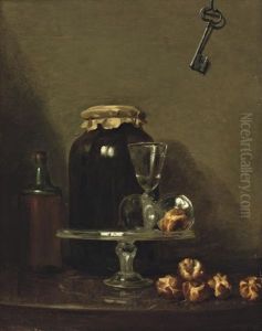 Two Wine Glasses On A Glass Dish, Rolls Of Bread, A Key Hanging From A Wall Above