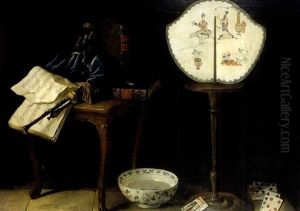Nature Morte A La Musette, Ecran, Cartes Et Bol De Porcelaine