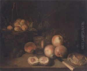 Still Life Of Apricots In A Wicker Basket, Together With Peaches, Grapes, Plums, Bread, A Knife And A Bottle Of Wine, Upon A Stone Ledge