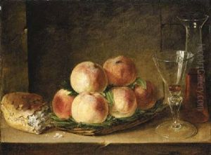 Peaches On A Straw Dish, A Bread Roll, A Wineglass And A Pitcher Of Wine On A Stone Ledge by Henri Horace Roland de la Porte