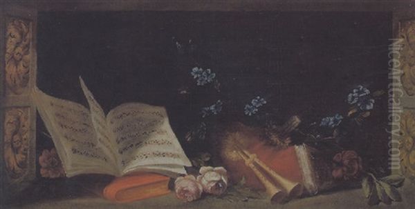 Stilleben Mit Notenbuch, Floten Und Blumen - view 1