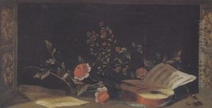 Stilleben Mit Blumen, Gitarre Und Noten by Henri Horace Roland de la Porte