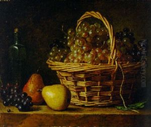 Grapes In A Wicker Basket, Pears, Grapes And A Bottle On A Ledge by Henri Horace Roland de la Porte
