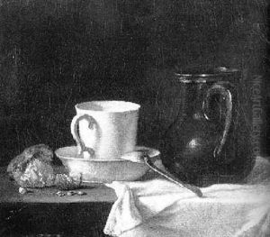 Still Life Of A Cup And A Saucer And A Pitcher On A Draped Table