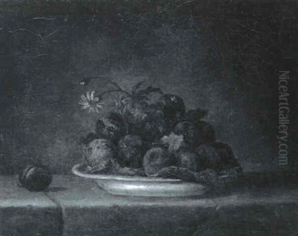 Still Life Of Plums With Flowers In A Plate On A Ledge - view 1