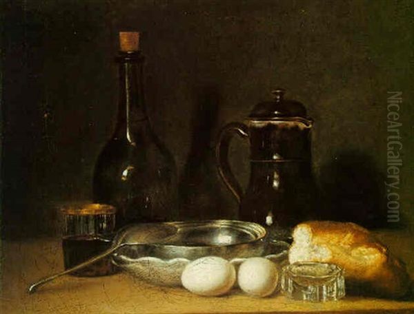 Still Life Of Two Eggs, A Ceramic Jug, A Bottle And Other Objects, All Upon A Ledge - view 1