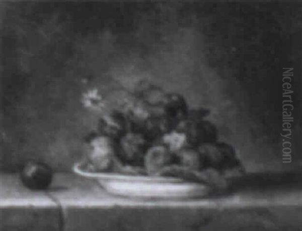 Still Life Of A Plate Of Plums And Flowers On A Ledge - view 1