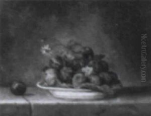 Still Life Of A Plate Of Plums And Flowers On A Ledge by Henri Horace Roland de la Porte