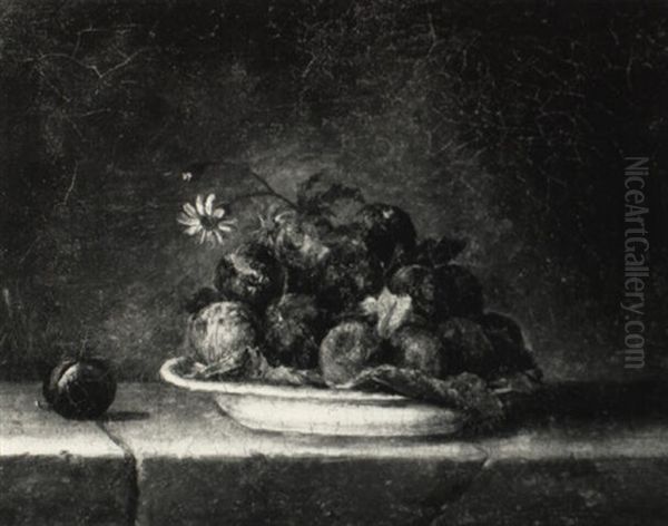 Still Life Of A Plate Of Plums And Flowers On A Ledge - view 1