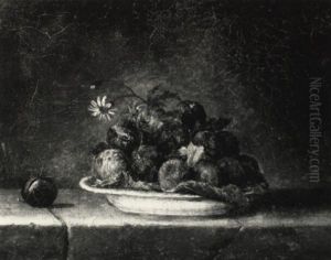 Still Life Of A Plate Of Plums And Flowers On A Ledge