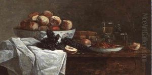 Nature Morte Aux Fruits: Raisins, Peches Et Fraises Disposessur Une Table