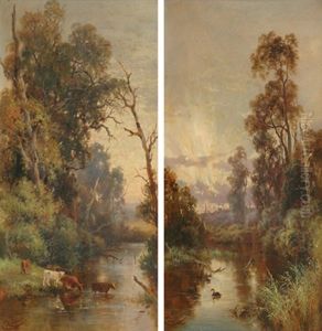 Cattles Watering (+ Swans On The River; Pair) by Charles Rolando