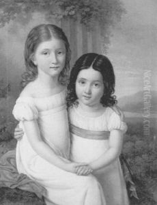 Portrait De Deux Jeunes Fillettes Sur Fond De Paysage Portrait De Deux Jeunes Fillettes Sur Fond De Paysage