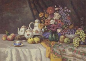 A Still Life Of Fruit, A Vase Of Flowers And China On A Table by Mileva Roller