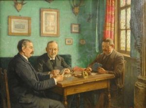 Genreszene. Eine Herrenrunde Skatspieler Im Jagdzimmer by Josef Rolletschek